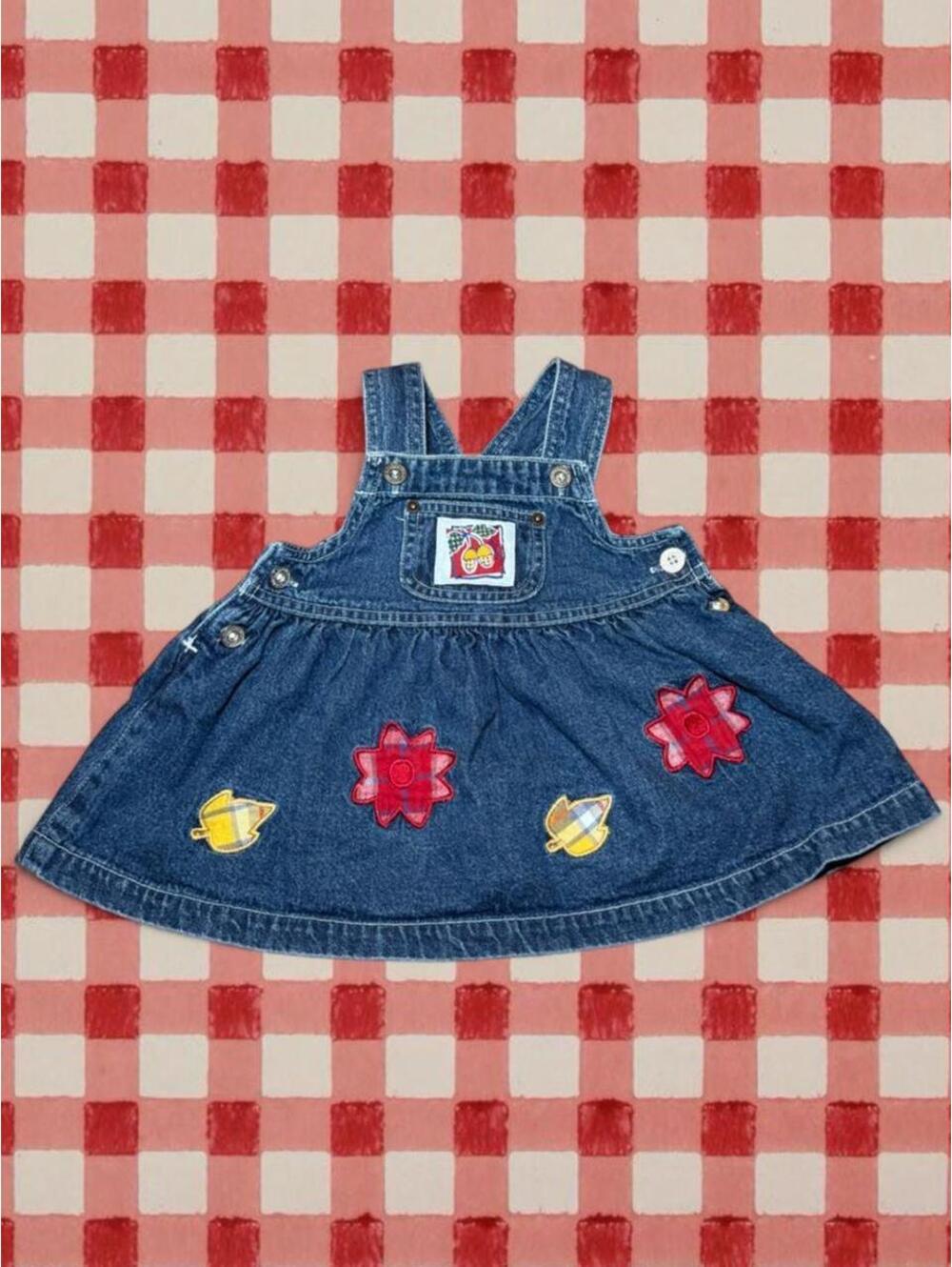 Vintage Old Navy Blue Denim Baby Dress 3-8 Months Fall Core Leaves Flowers
